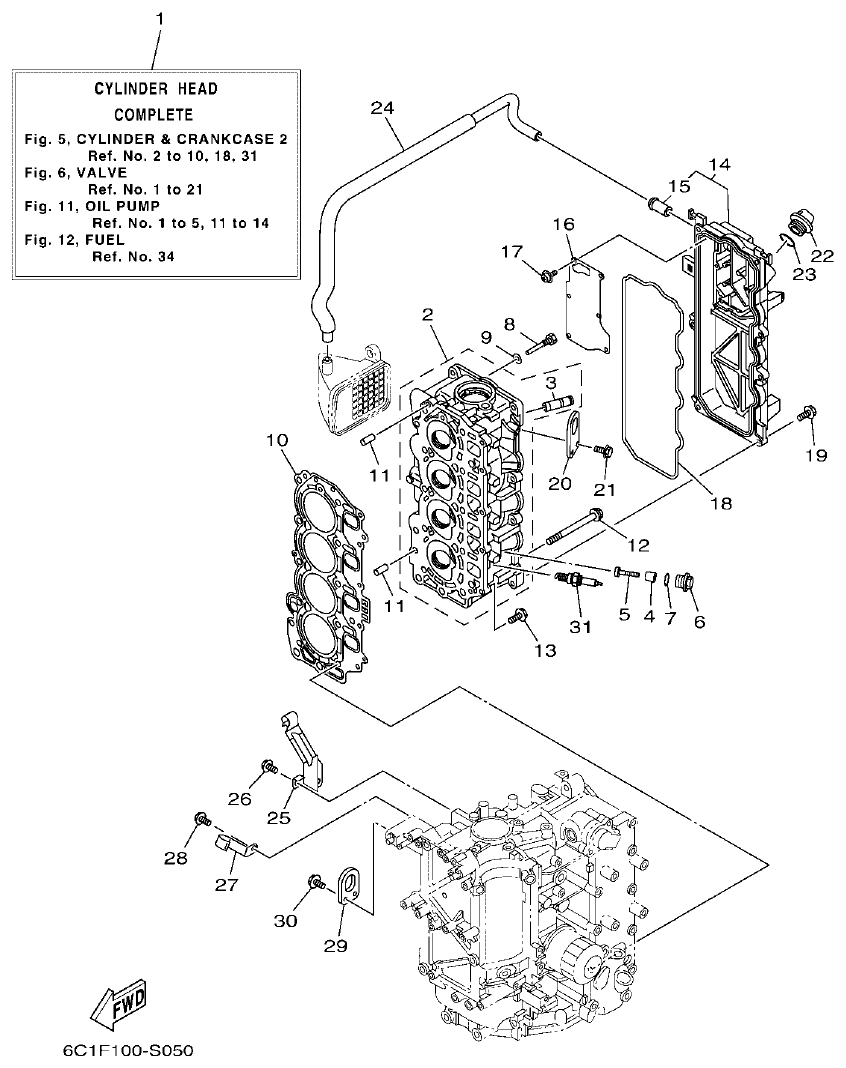 Yamaha F50HET, F60FET, F50HEHD, F60FEHT CYLINDER & CRANKCASE 2 parts diagram